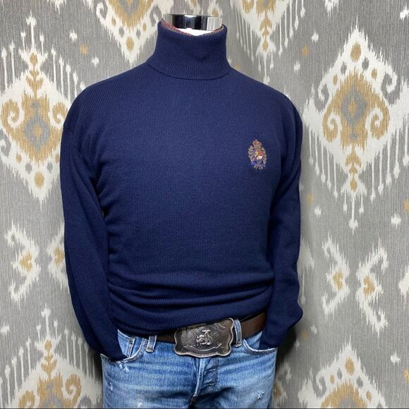 Vintage Polo Ralph Lauren Navy Cashmere Bullion Crest L/S Turtleneck Sweater - Picture 13 of 16